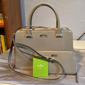 Kate Spade New York 100% leather gray shoulder bag with matching wallet.